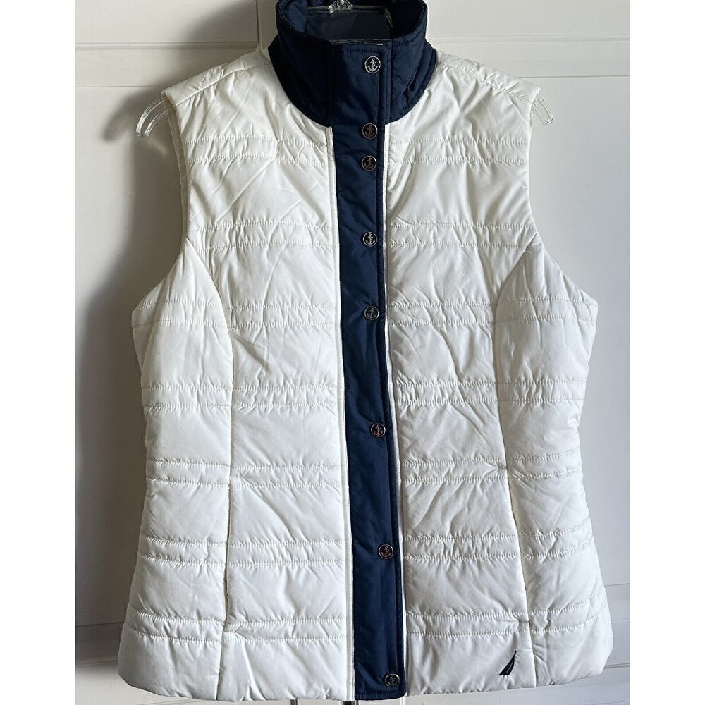 Nautica Puffer‎ Vest Womens Medium Ivory Blue Anchor Buttons Layering